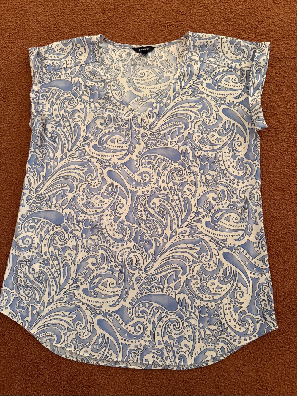 Express Women’s Large Blue & White Paisley V-Neck Blouse Top size large